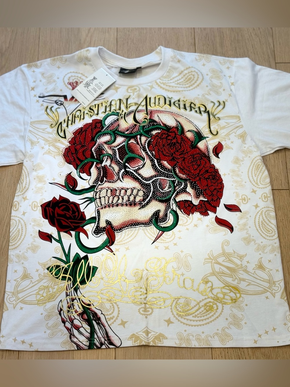 Christian Audigier Rare Skull Rose Rhinestone Tee Original Era Release Y2K 2000
